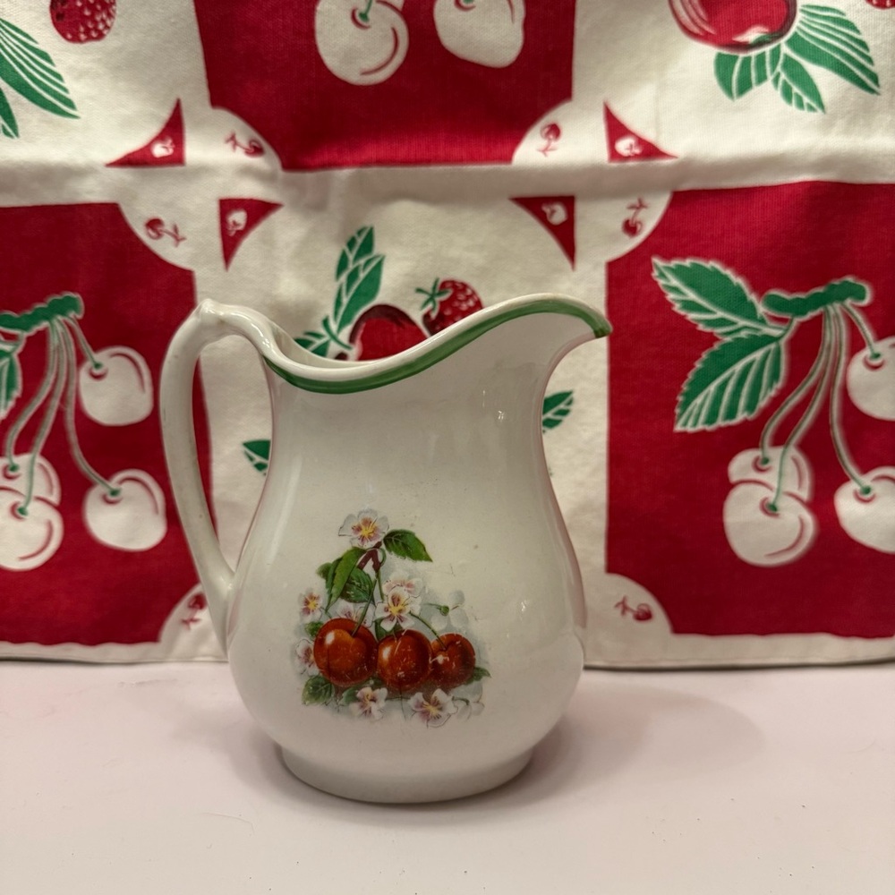 Vintage Stoneware Cherry Pitcher with green stripe kitchen